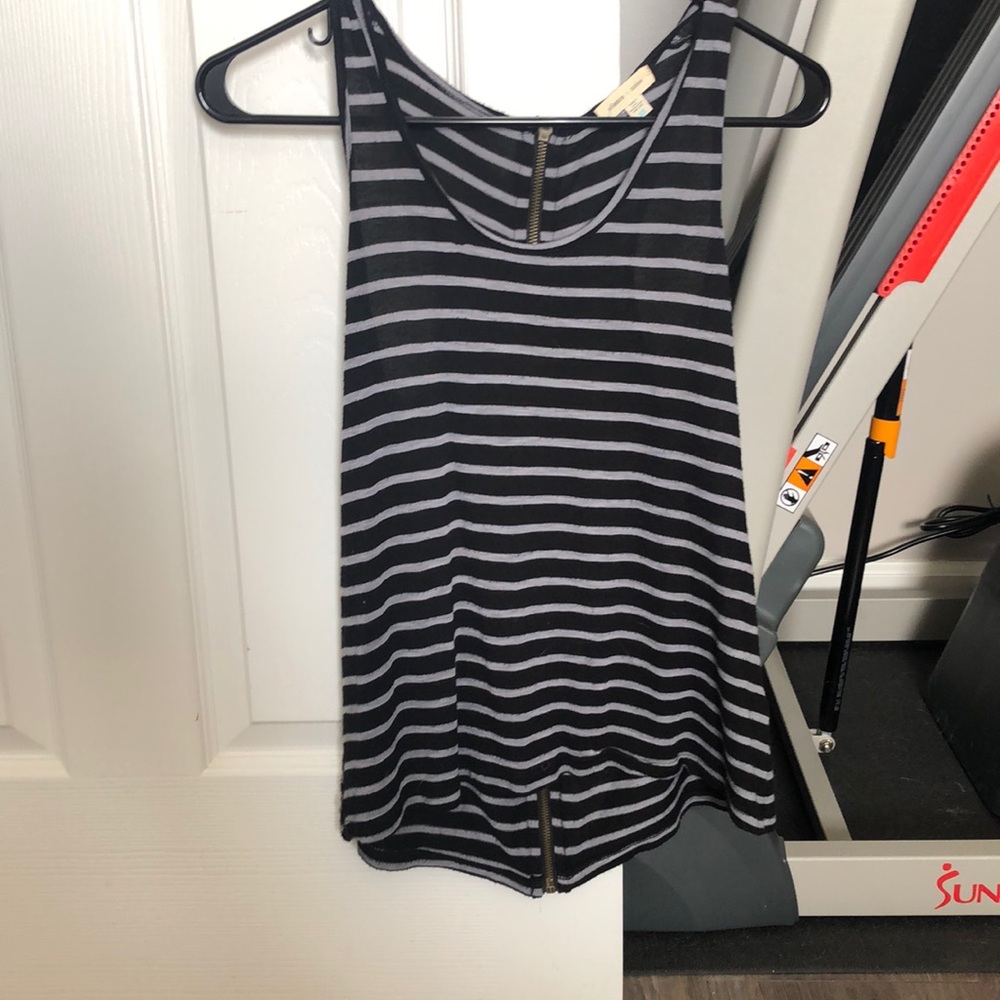 Silence + noise black and gray striped hi-low tank with zipper detail on back